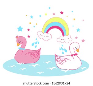 Pink and white cute swan with rainbow vector illustration