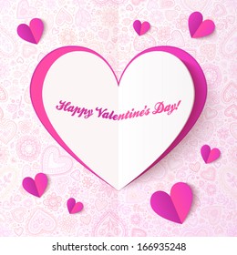 Pink and white cutout paper vector hearts on ornate background