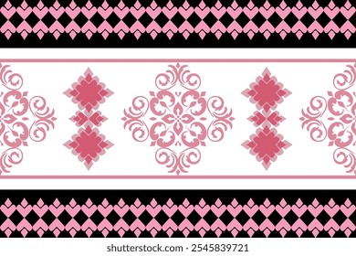 Pink and white Damask Pattern, on black background, A delicate and intricate damask pattern in soft pink and white hues creates a seamless background for elegant designs, invitations, and wallpapers.