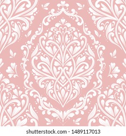 Pink and white damask seamless pattern. Vintage, paisley elements. Traditional, Ethnic, Turkish, Indian motifs. Great for fabric and textile, wallpaper, packaging or any desired idea.