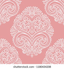 Pink and white damask vector seamless pattern, wallpaper. Elegant classic texture. Luxury ornament. Royal, Victorian, Baroque elements. Great for fabric and textile, wallpaper, or any desired idea.