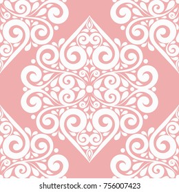 Pink and white damask vector seamless pattern, wallpaper. Elegant classic texture. Luxury ornament. Royal, Victorian, Baroque elements. Great for fabric and textile, wallpaper, or any desired idea.