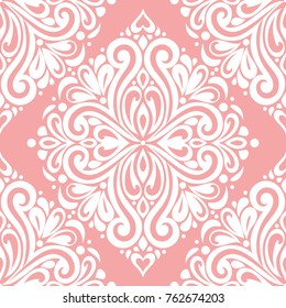 Pink and white damask vector seamless pattern, wallpaper. Elegant classic texture. Luxury ornament. Royal, Victorian, Baroque elements. Great for fabric and textile, wallpaper, or any desired idea.