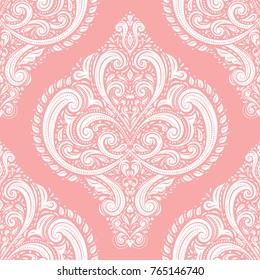 Pink and white damask vector seamless pattern, wallpaper. Elegant classic texture. Luxury ornament. Royal, Victorian, Baroque elements. Great for fabric and textile, wallpaper, or any desired idea.