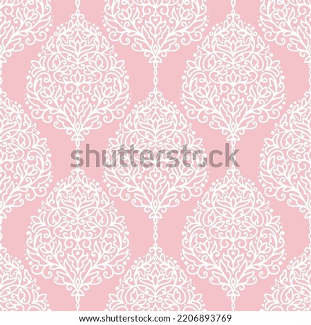 Pink and white damask vector seamless pattern. Vintage, paisley elements. Traditional, Turkish motifs. Great for fabric and textile, wallpaper, packaging or any desired idea.
