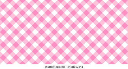 Pink and white diagonal gingham pattern. Textile design for teenage or baby girl. Tablecloth, picnic plaid, basket napkin, towel or handkerchief print. Checkered background. Vector flat illustration.