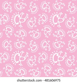 Pink white doodle alien frog baby seamless vector pattern background