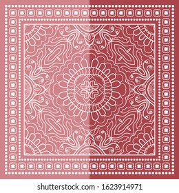 Pink and white doodle ornament with geometric frame border, arabic line pattern. Decorative hand drawn background. Bandanna shawl, hijab, tablecloth fabric print, silk neck scarf, kerchief design