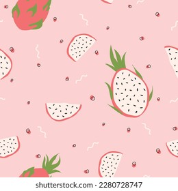 Rama de frutos de dragón rosa y blanco sin fisuras. Perfecto para fondos de pantalla, rellenos de patrones, fondos de páginas web, texturas superficiales, textiles. Ilustración de pitayas tropicales exóticas.