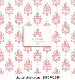 Pink and white fleur de lis seamless pattern. Vintage royal , heraldic lilly. Ornament. Turkish, Indian motifs. Great for fabric and textile, flyer, banner, business cards, wallpaper, packaging