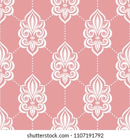 Pink and white fleur de lis seamless pattern. Vintage royal , heraldic lilly. Ornament. Turkish, Indian motifs. Great for fabric and textile, flyer, banner, business cards, wallpaper, packaging