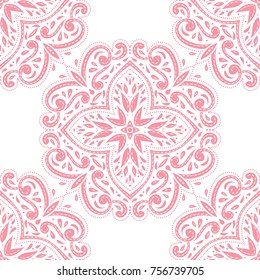 Pink and white floral seamless pattern. Ornament, paisley elements. Traditional, Ethnic, Turkish, Indian motifs. Great for fabric and textile, wallpaper, packaging or any desired idea. 