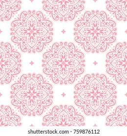 Pink with white floral seamless pattern. Ornament, paisley elements. Traditional, Ethnic, Turkish, Indian motifs. Great for fabric and textile, wallpaper, packaging or any desired idea. 