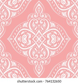 Pink and white floral seamless pattern. Ornament illustration, paisley elements. Traditional, Ethnic, Turkish, Indian motifs. Great for fabric and textile, wallpaper, packaging or any desired idea. 