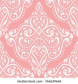 Pink and white floral seamless pattern. Ornament, paisley elements. Traditional, Ethnic, Turkish, Indian motifs. Great for fabric and textile, wallpaper, packaging or any desired idea. 