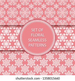 Pink and white floral seamless patterns. Compilation of designs with flowers