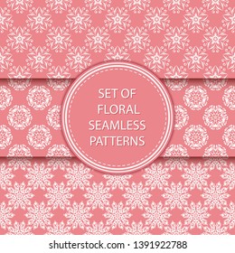 Pink and white floral seamless patterns. Compilation of designs with flowers