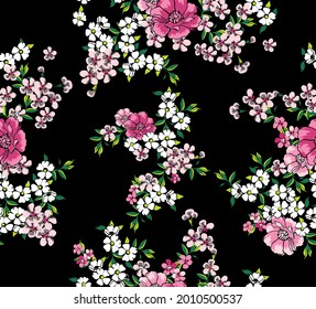 Pink and white flowers on Black backgroud seamless pattern. Vetor illustration.