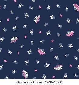 Pink White Flowers on Blue Background Seamless Vector Repeat Floral Pattern Background