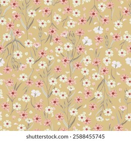 Pink and white flowers pattern on a yellow background