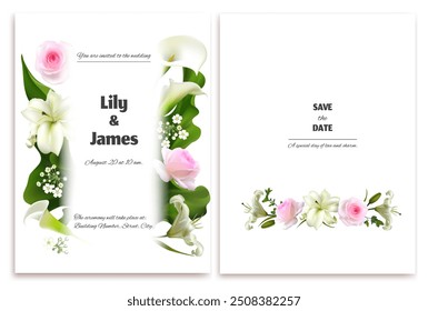 Pink and white flowers. Wedding invitation. Lilies. Roses. Calla. Beautiful floral pattern on white background. Card. Bouquet. Border.