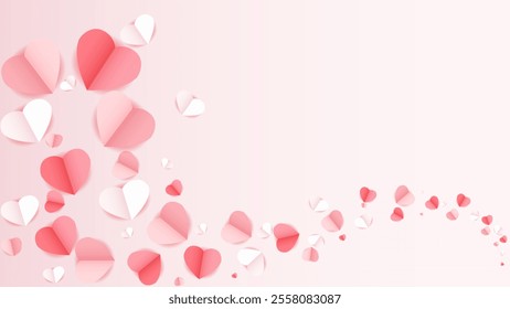 pink and white flying hearts, valentine background and paper cut decoration
