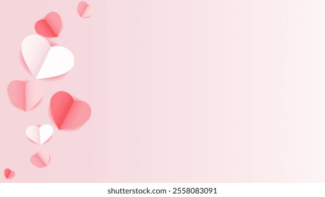 pink and white flying hearts, valentine background and paper cut decoration