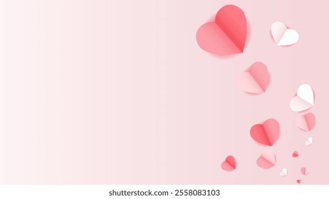 pink and white flying hearts, valentine background and paper cut decoration