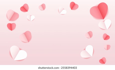 pink and white flying hearts, valentine background and paper cut decoration