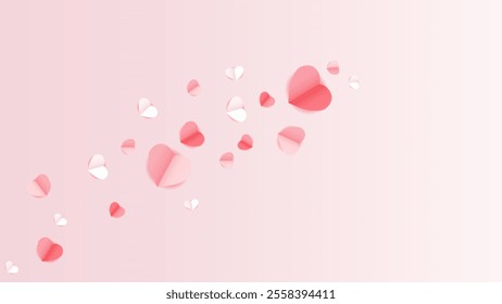 pink and white flying hearts, valentine background and paper cut decoration