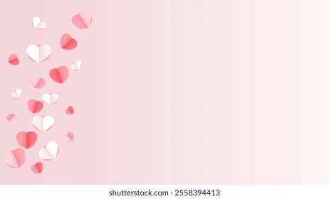 pink and white flying hearts, valentine background and paper cut decoration