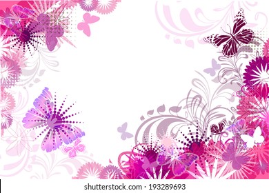 pink white frame with abstract flowers with butterflies. Vector 