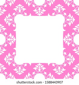 Pink and white frame from graphic floral motifs. White curls, flowers, circles on a pink background. Seamless pattern for fabric, paper.