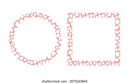 Pink and white frame with modern ornament of stylized leopard skin. Squared pattern in form of mandala. Decorative border with animal ornament. Trendy leather skin. Copy space. Vector illustration.