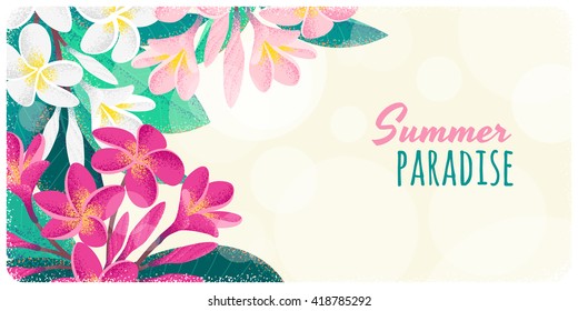 Pink and white frangipani (plumeria) flowers and leaves horizontal banner. Retro vector illustration. Tropical background. Place for your text. Design for invitation, card, poster, flyer, label