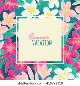Pink and white frangipani (plumeria) flowers and leaves template. Retro vector illustration. Tropical background. Place for your text. Design for invitation, banner, card, poster, flyer, frame