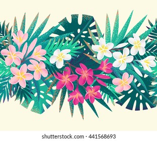 Pink and white frangipani (plumeria) flowers and palm leaves seamless stripe. Retro vector illustration. Tropical design element