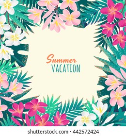 Pink and white frangipani (plumeria) flowers and palm leaves frame. Retro vector illustration. Tropical template. Place for your text. Design for invitation, banner, card, poster, flyer