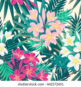 Flores y hojas de palmera rosadas y blancas frangipani (plumeria) sin fisuras. Fondo tropical. Ilustración vectorial retro