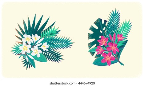 Pink and white frangipani (plumeria) flowers, monstera and palm leaves vertical banners. Tropical retro vector illustration. Place for your text. Design for invitation, poster, flyer