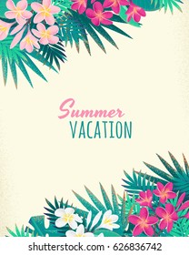 Pink and white frangipani (plumeria) flowers and palm leaves vertical template. Retro vector illustration. Place for your text. Design for invitation, banner, card, poster, flyer 