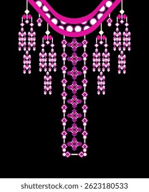 Pink and white geometric necklace with beads. Boho style. Vector illustration. Design for neck border and women's blouse.