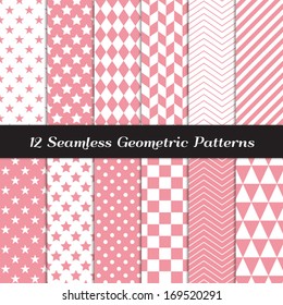 Pink and White Geometric Seamless Patterns. Backgrounds in Diamond, Chevron, Polka Dot, Checkerboard, Stars, Triangles, Herringbone and Stripes Patterns. Pattern Swatches with Global Colors.