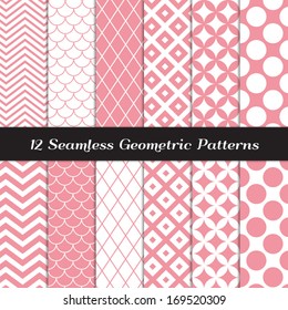 Pink and White Geometric Seamless Patterns. Retro Mod Backgrounds in Jumbo Polka Dot, Diamond Lattice, Scallops, Quatrefoil and Chevron Patterns. Pattern Swatches made with Global Colors. 