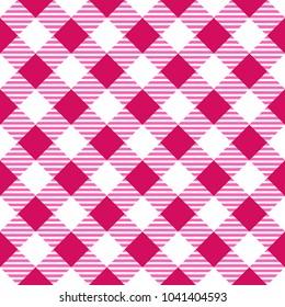 Pink and White Gingham tablecloth pattern. Diagonal Rhombus Squares Texture 