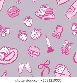 Pink and white girly elements seamless pattern.Hand drawn, isolated, vector. Bow, cup, letter, ring,  macarons, envelope, cake, croissant, champagne.