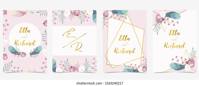 Pink white gold geometry wedding invitation with rose,flower,heart and leaves.Vector birthday invitation for kid and baby.Editable element