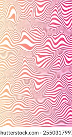 Pink and white gradient distorted wavy lines vector background. Optical illusion cyberpunk linear waves wallpaper.