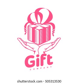 pink and white graphic line art gift box logo templates, vector illustration isolated on white background. Gif box with ribbon and bow, hand offering gift, giving present