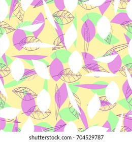 Pink, white and green leaves, tender modern stylish texture, falling leaves.  Freehand drawing vector  with doodles. modern seamless pattern.
